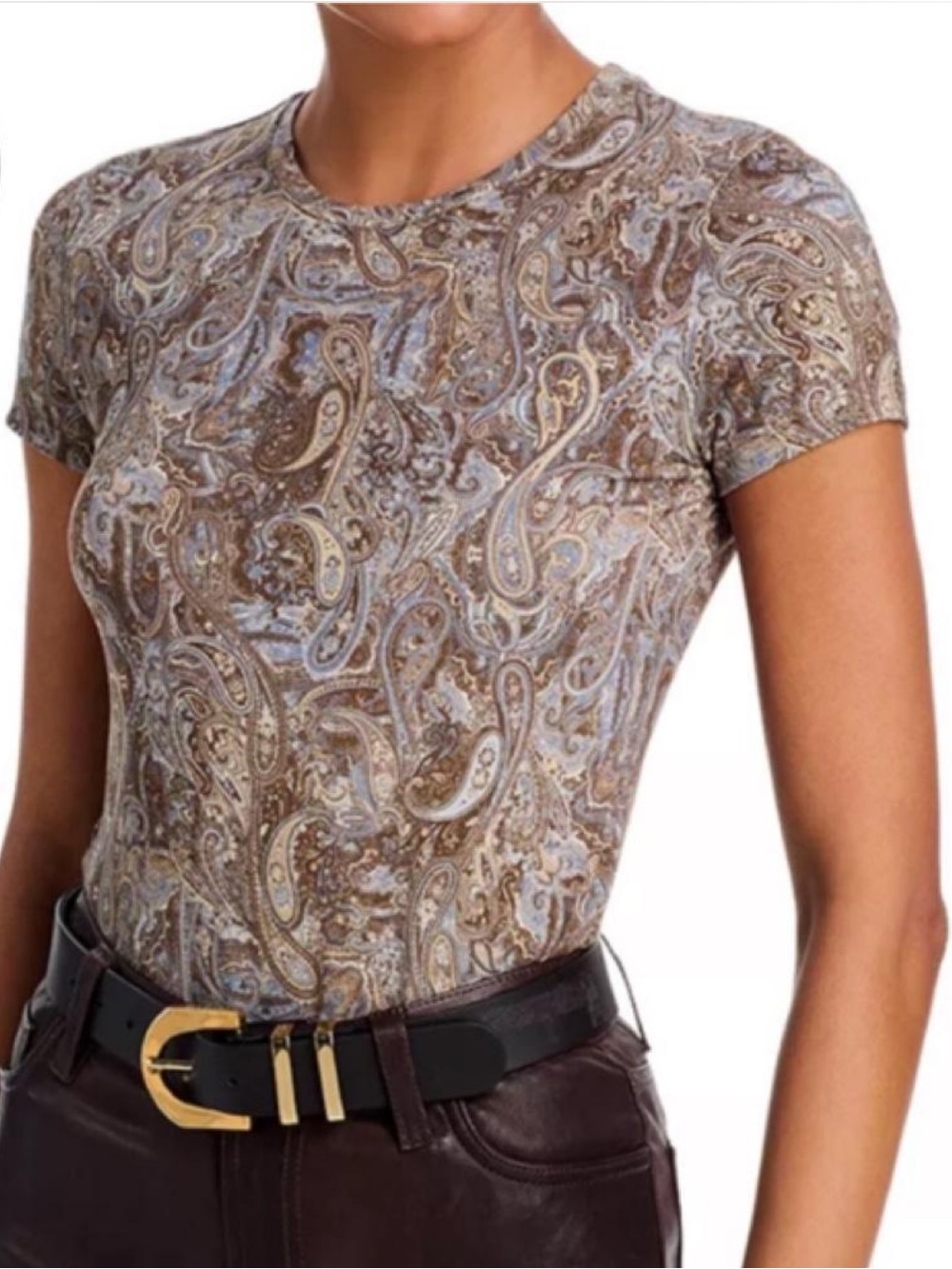 L'AGENCE Brown and Light Blue Paisley Short-Sleeve Crewneck Top